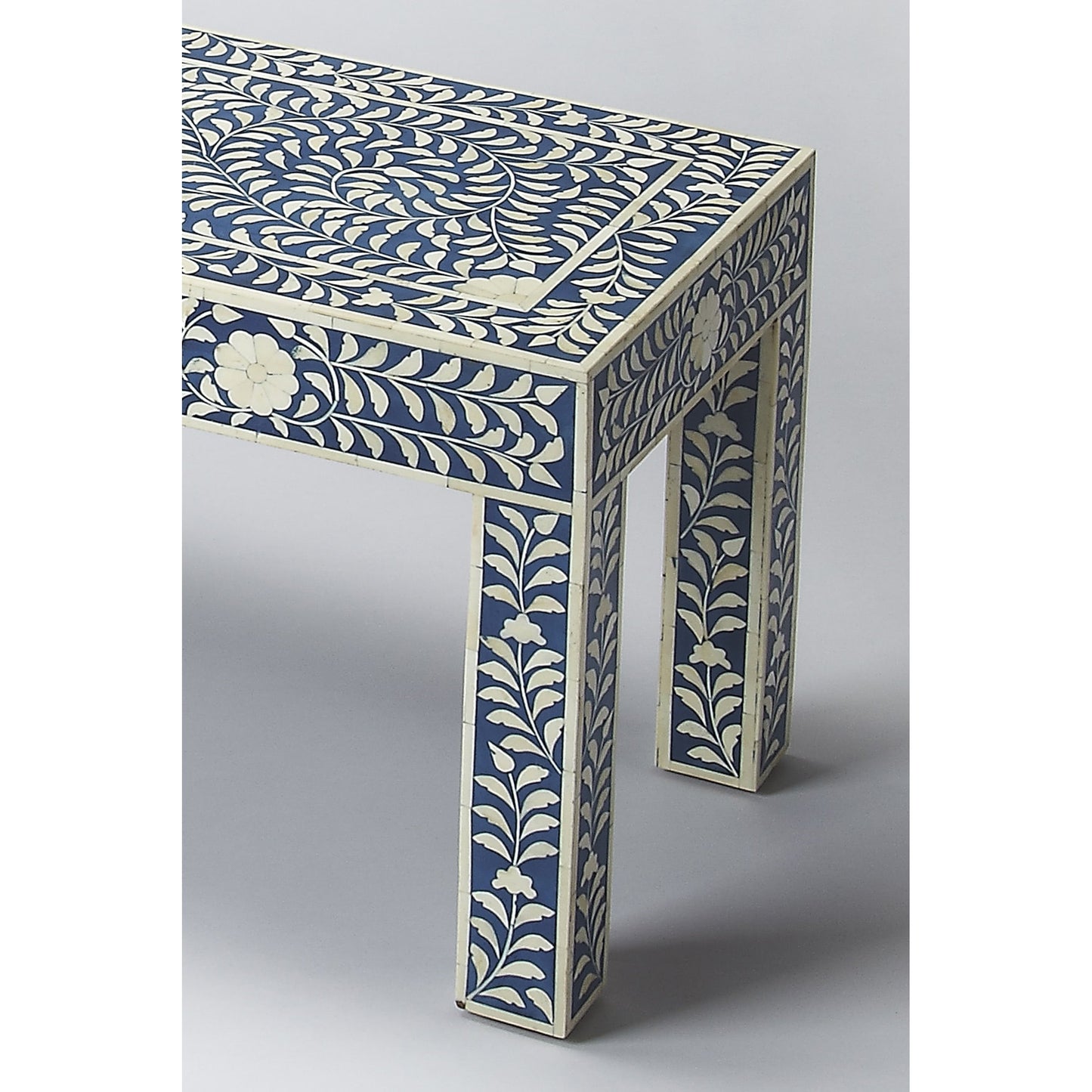 003 O-BUTLER-3558319 | Additional Silo | Blue Bone Inlay Bench by Butler Specialty Company in blue and blue bone inlay. Made from mango wood solids, mdf, resin, bone in a modern style.