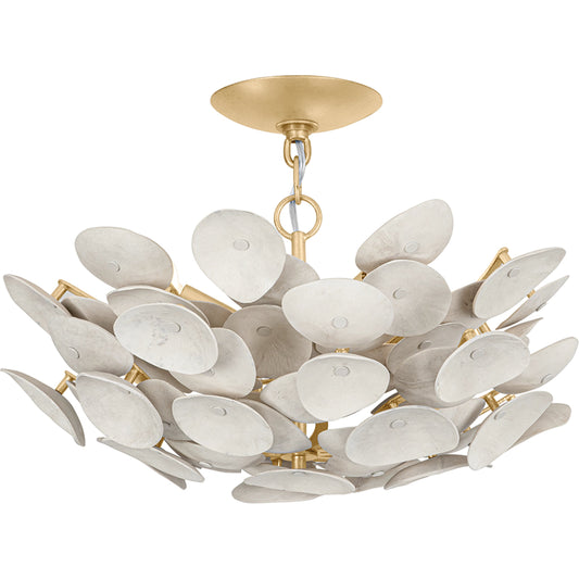 001 SI-2055023 | Primary Silo | Aimi 3 Light Semi Flush by Corbett in vintage gold leaf. Made from textile in a modern style.