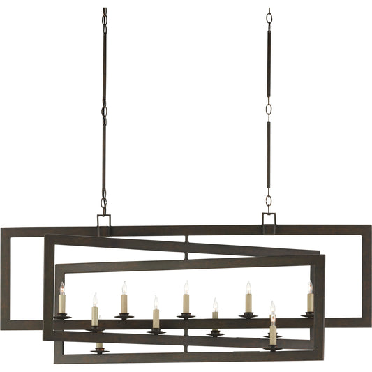 Middleton Rectangular Chandelier by Currey and Company. Made from wrought iron in a modern style.