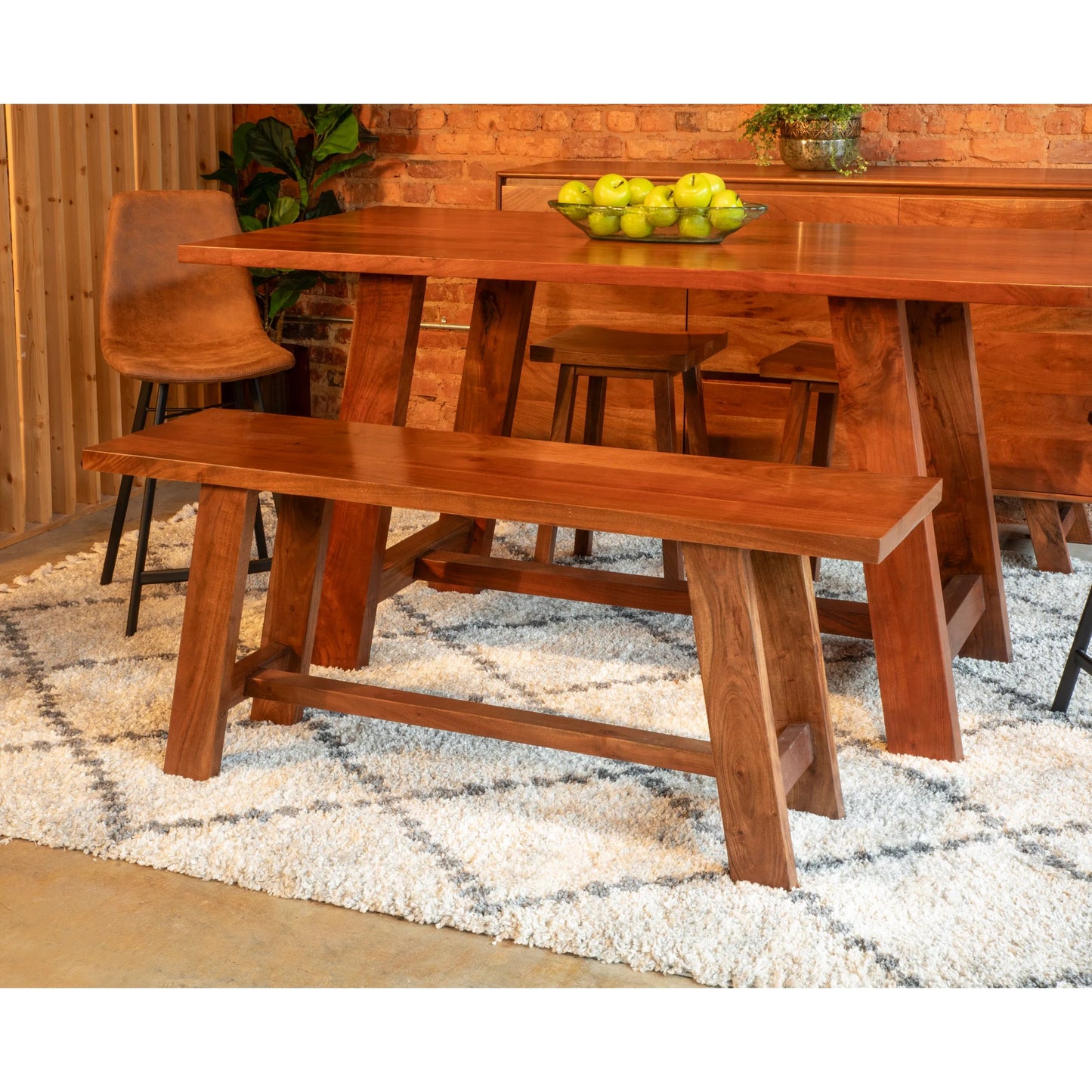 008 SI-2243079 | Lifestyle | Stavanger 80" Bench by World Interiors in brown and cinnamon brown. Made from acacia wood in a unique style.