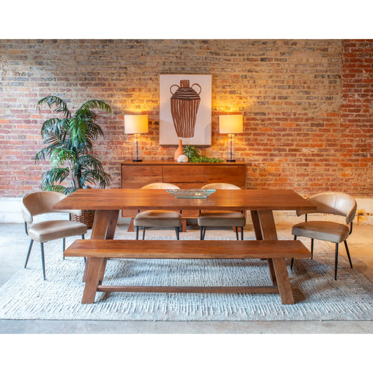 Stavanger 80" Bench by World Interiors in brown and cinnamon brown. Made from acacia wood in a unique style.