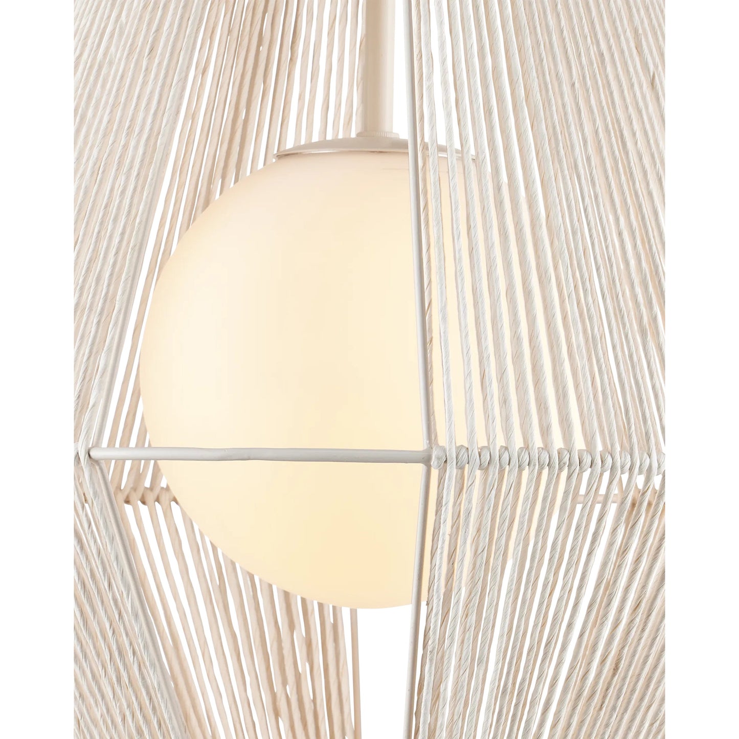 004 SI-2387034 | Closeup | Fraxel Pendant by Currey and Company in white, frosted white, vanilla. Made from kraft paper twine, glass, wrought iron in a rustic style.