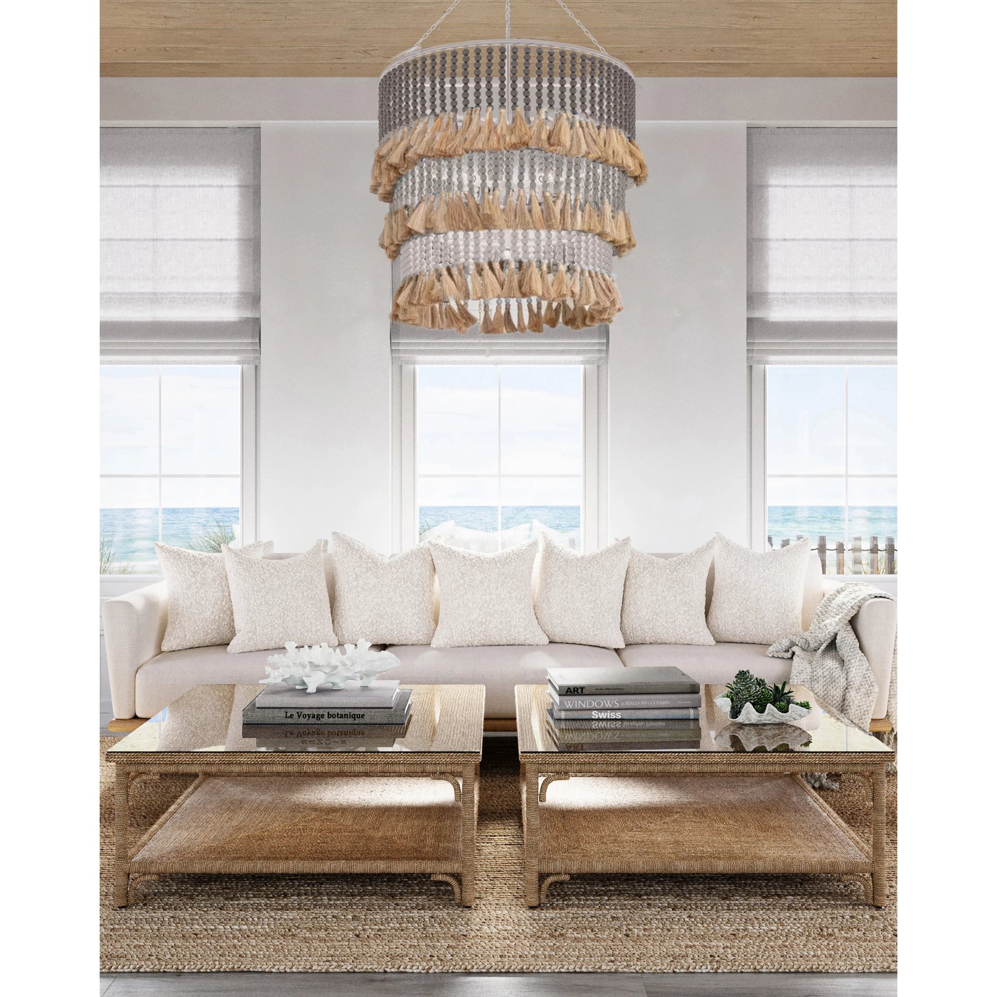 St. Barts Chandelier by Currey and Company in mist blue, demin blue. Made from wrought iron, wood beads, abaca rope in a coastal style.