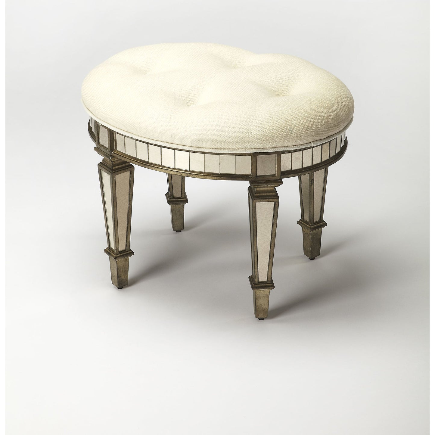 002 O-BUTLER-3630146 | Additional Silo | Garbo Mirrored Vanity Stool by Butler Specialty Company in silver and mirror. Made from rubberwood solids, mdf, cotton, urethane foam, antique mirrored glass in a traditional style.