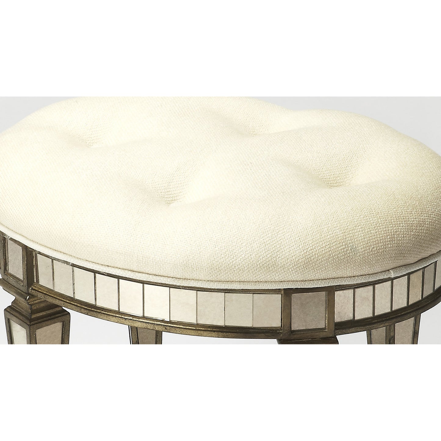 004 O-BUTLER-3630146 | Additional Silo | Garbo Mirrored Vanity Stool by Butler Specialty Company in silver and mirror. Made from rubberwood solids, mdf, cotton, urethane foam, antique mirrored glass in a traditional style.