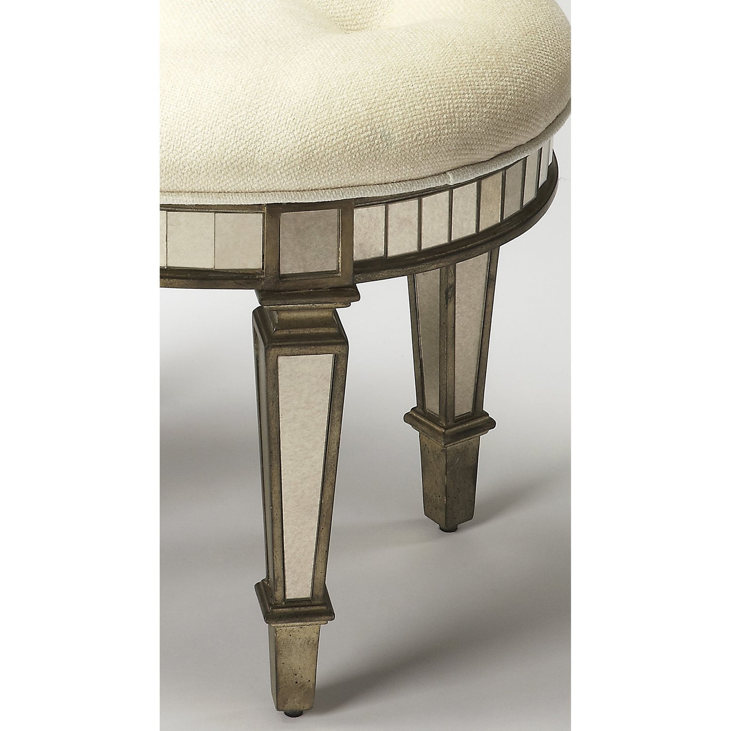003 O-BUTLER-3630146 | Additional Silo | Garbo Mirrored Vanity Stool by Butler Specialty Company in silver and mirror. Made from rubberwood solids, mdf, cotton, urethane foam, antique mirrored glass in a traditional style.