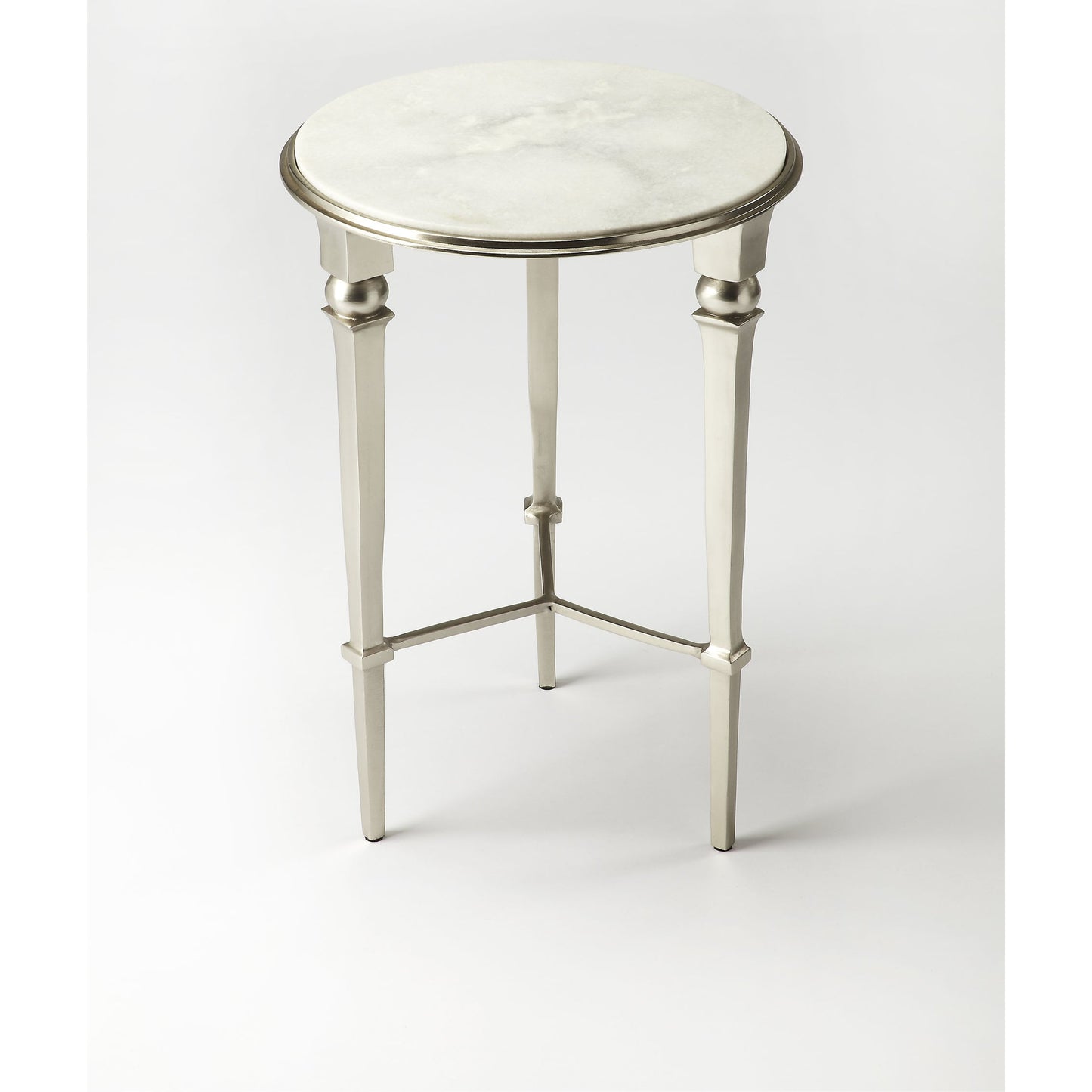 002 O-BUTLER-3667260 | Additional Silo | Darrieux Round Marble End Table by Butler Specialty Company in silver and modern expressions. Made from aluminum, iron, white marble in a modern style.