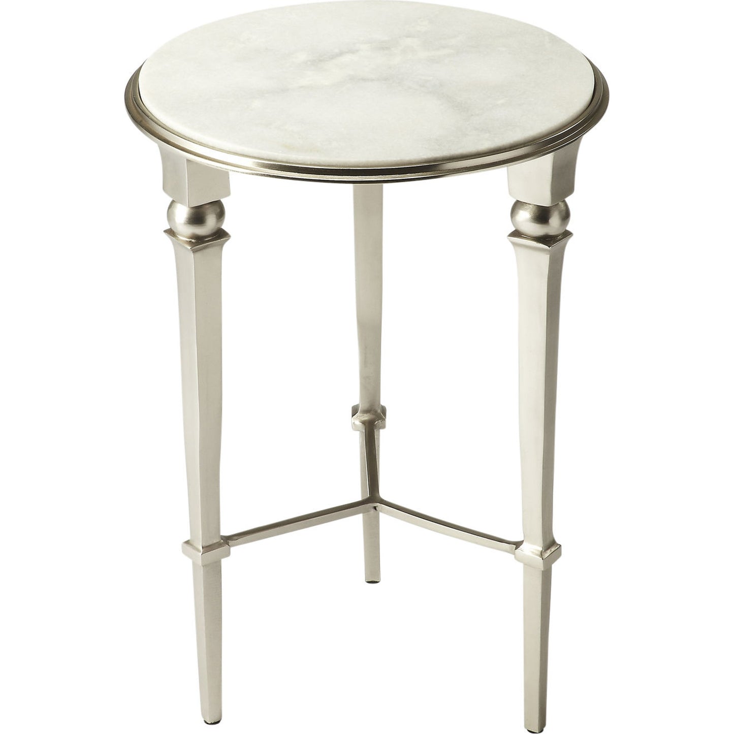 001 O-BUTLER-3667260 | Additional Silo | Darrieux Round Marble End Table by Butler Specialty Company in silver and modern expressions. Made from aluminum, iron, white marble in a modern style.