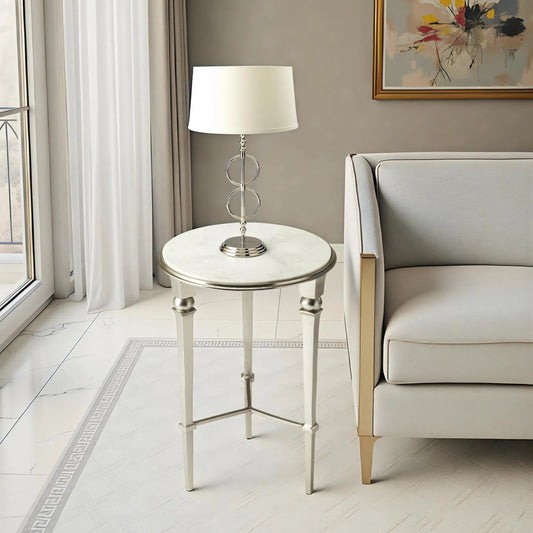 Darrieux Round Marble End Table by Butler Specialty Company in silver and modern expressions. Made from aluminum, iron, white marble in a modern style.