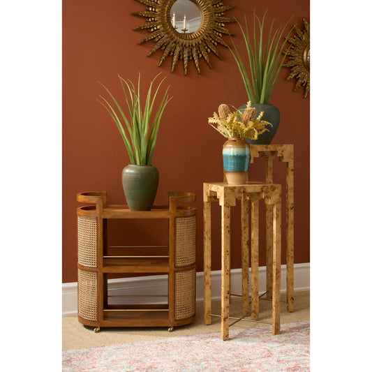 Falls Pedestal by Chelsea House in brown, gold and mappa burl, antique brass. Made from unique in a modern style.