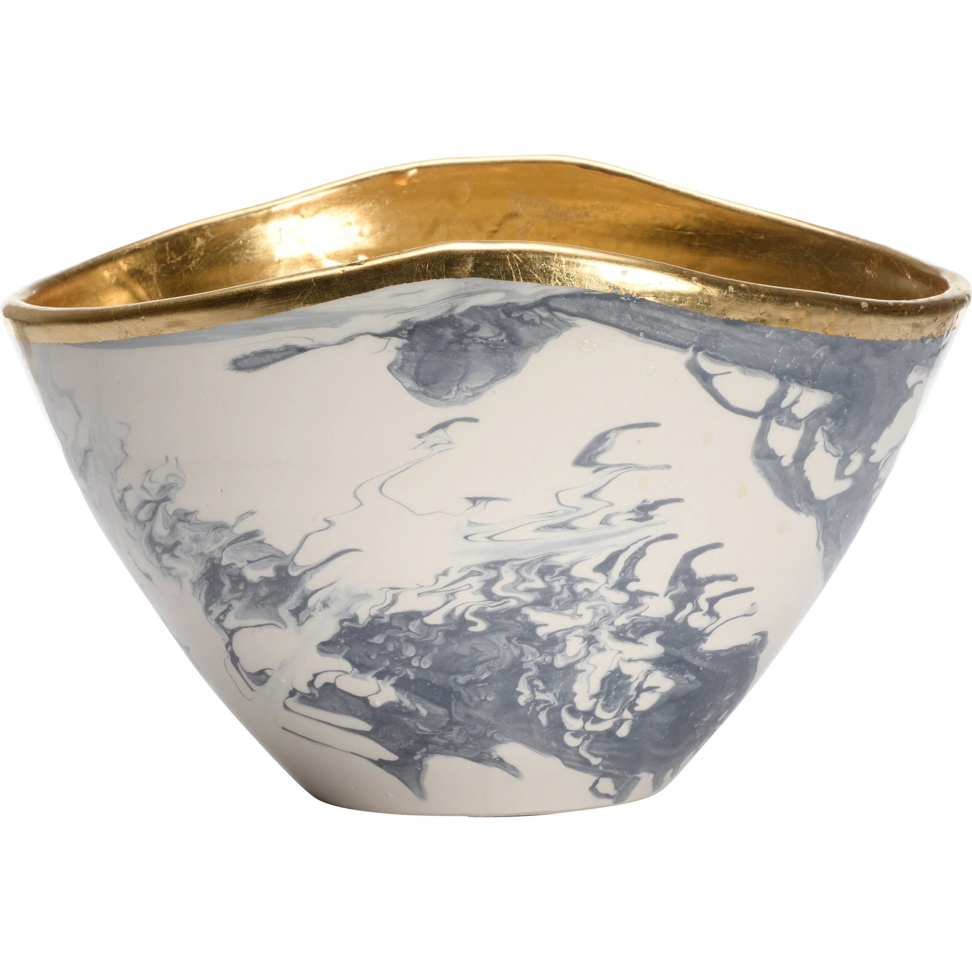Grigio Bowl by Chelsea House in gray, white, cream and slate blue and white marbled glaze, gold leaf. Made from unique in a traditional style.