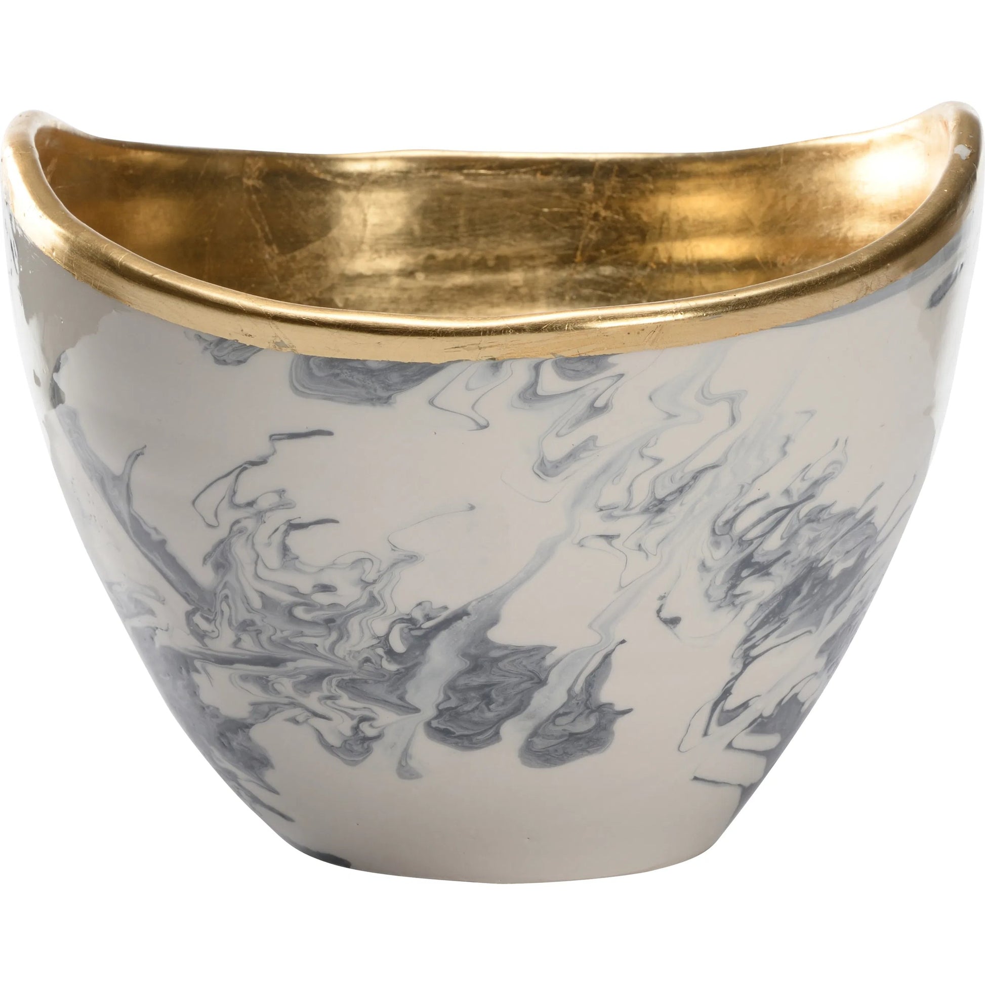 Grigio Bowl by Chelsea House in gray, white, cream and slate blue and white marbled glaze, gold leaf. Made from unique in a traditional style.