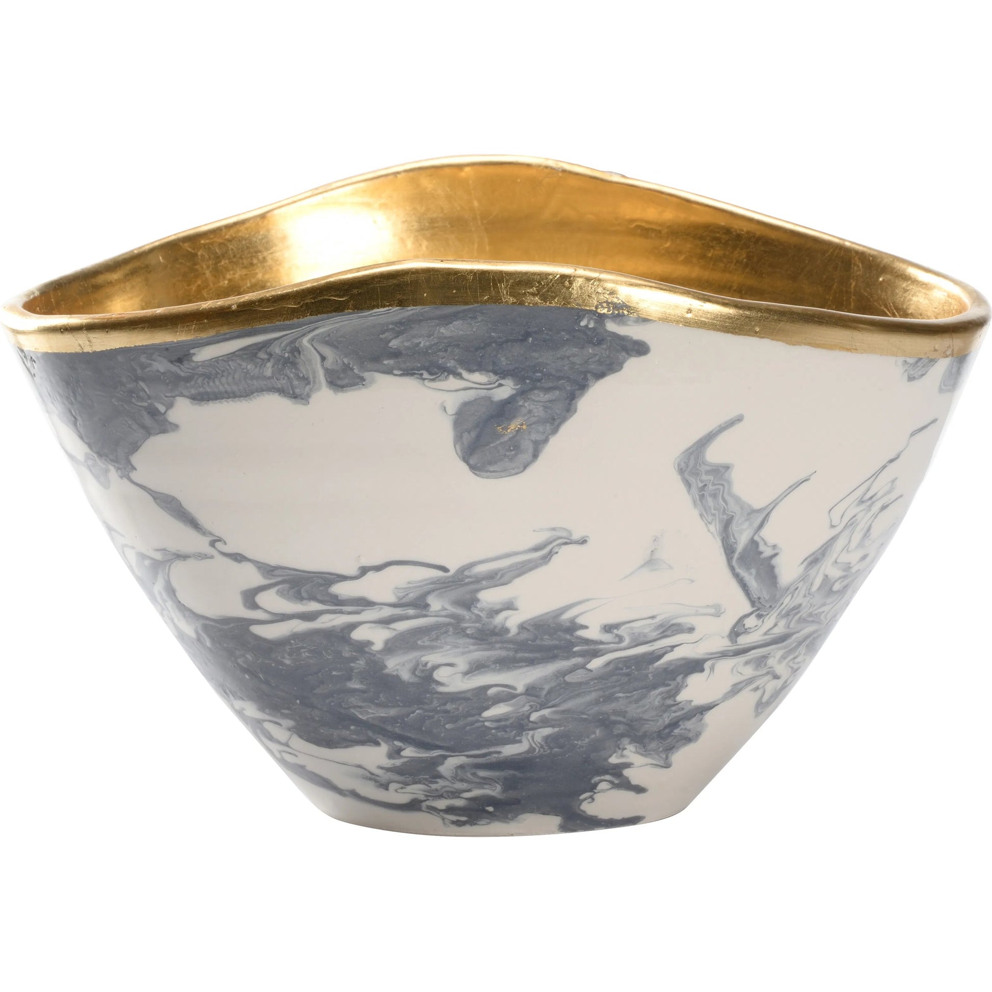 Grigio Bowl by Chelsea House in gray, white, cream and slate blue and white marbled glaze, gold leaf. Made from unique in a traditional style.