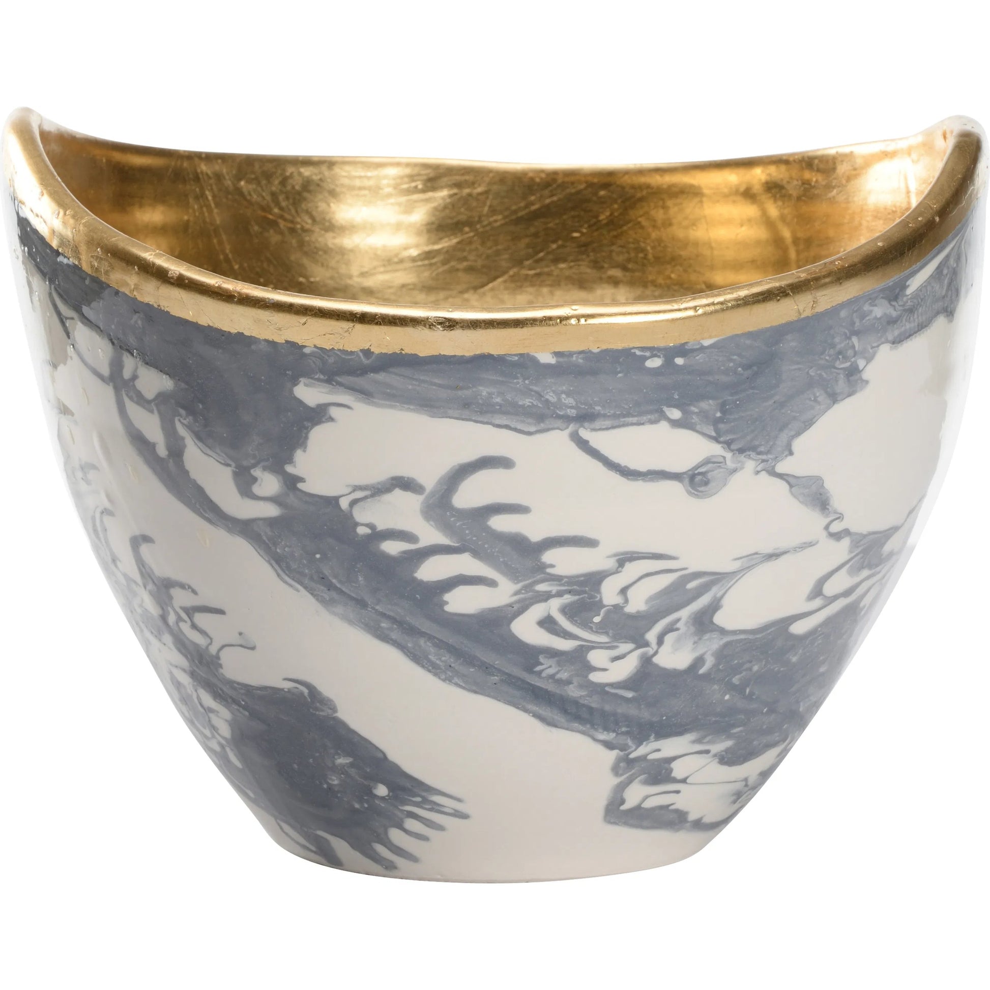Grigio Bowl by Chelsea House in gray, white, cream and slate blue and white marbled glaze, gold leaf. Made from unique in a traditional style.