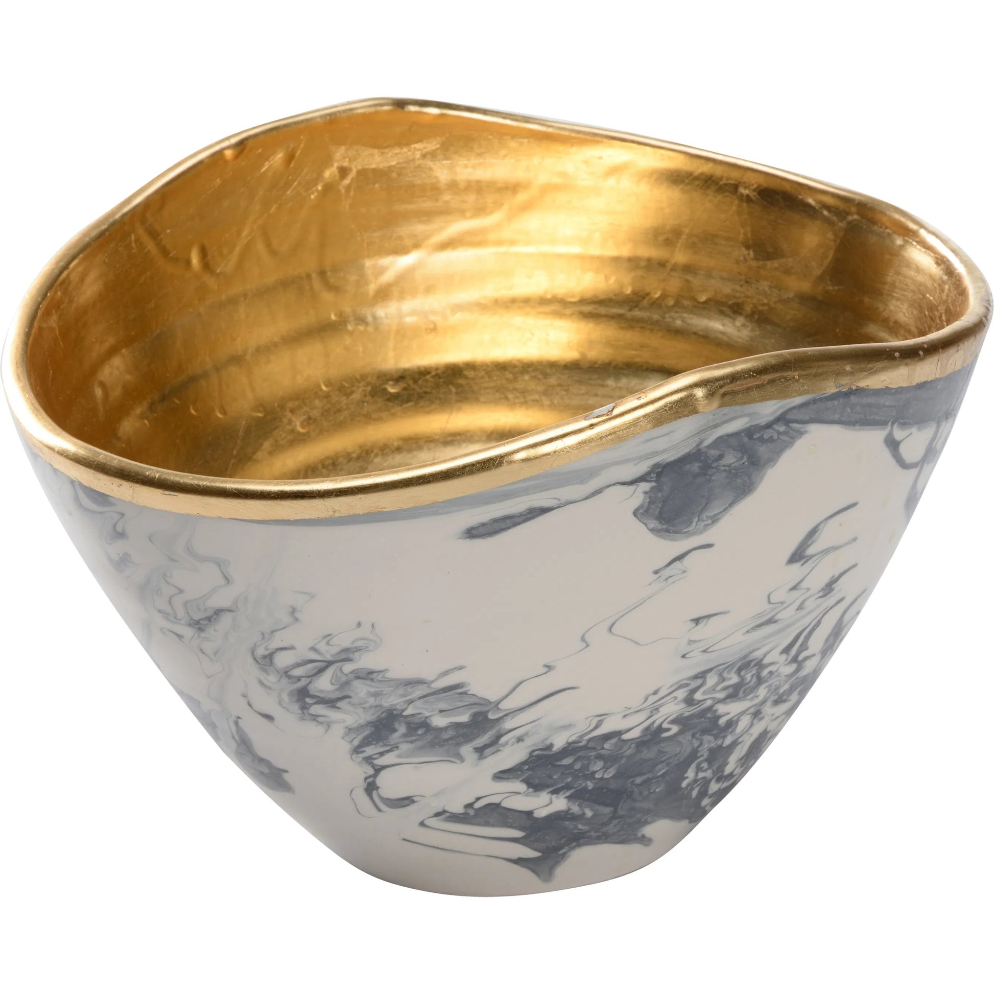 Grigio Bowl by Chelsea House in gray, white, cream and slate blue and white marbled glaze, gold leaf. Made from unique in a traditional style.