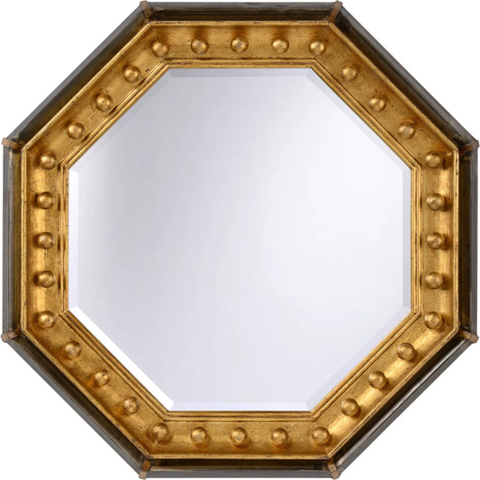 Octagonal Mirror by Chelsea House in aged gold leaf, tarnished nickel, clear. Made from unique in a rustic style.