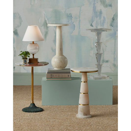 Roselle Stone Inlay Accent Table by Currey and Company in natural, brass. Made from pink marble, carrara marble, stainless steel, brass in a eclectic & global style.
