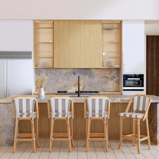 Lila Rattan Gray & White Bar Stool by Butler Specialty Company in gray, white. Made from rattan, polyurethane synthetic rattan in a eclectic & global style.