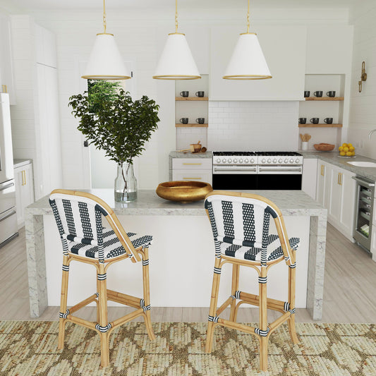 Lila Rattan Bar Stool by Butler Specialty Company in blue and blue. Made from rattan, plastic weave in a coastal style.