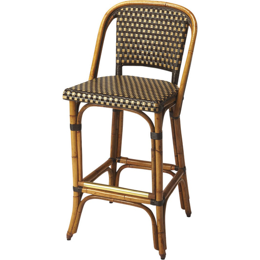Lila Rattan Barstool by Butler Specialty Company in light brown and brown. Made from rattan, woven plastic (carrie pattern) in a modern style.