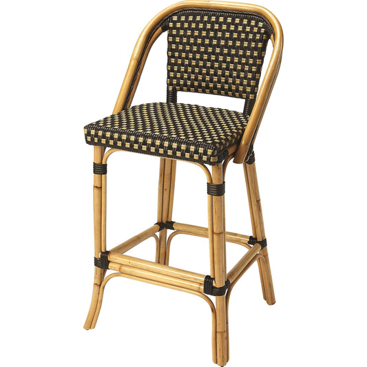 Lila Bar Stool by Butler Specialty Company in dark brown and chocolate rattan. Made from rattan, woven polyethelene synthetic rattan in a coastal style.