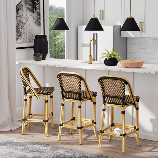Lila Bar Stool by Butler Specialty Company in dark brown and chocolate rattan. Made from rattan, woven polyethelene synthetic rattan in a coastal style.
