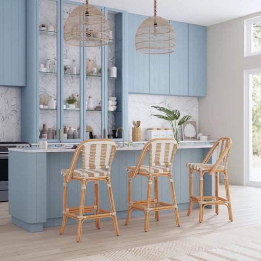 Lila Rattan Beige & White Bar Stool by Butler Specialty Company in beige, white. Made from rattan, polyurethane synthetic rattan in a eclectic & global style.