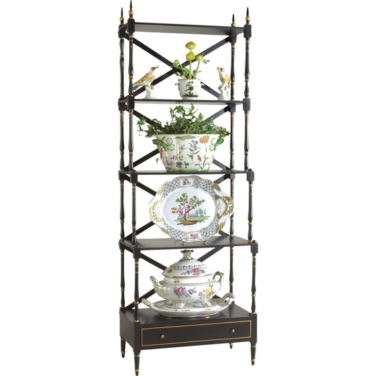 Carnaby Bookcase by Chelsea House in black, gold. Made from poplar. black, gold finish. one dra in a transitional style.