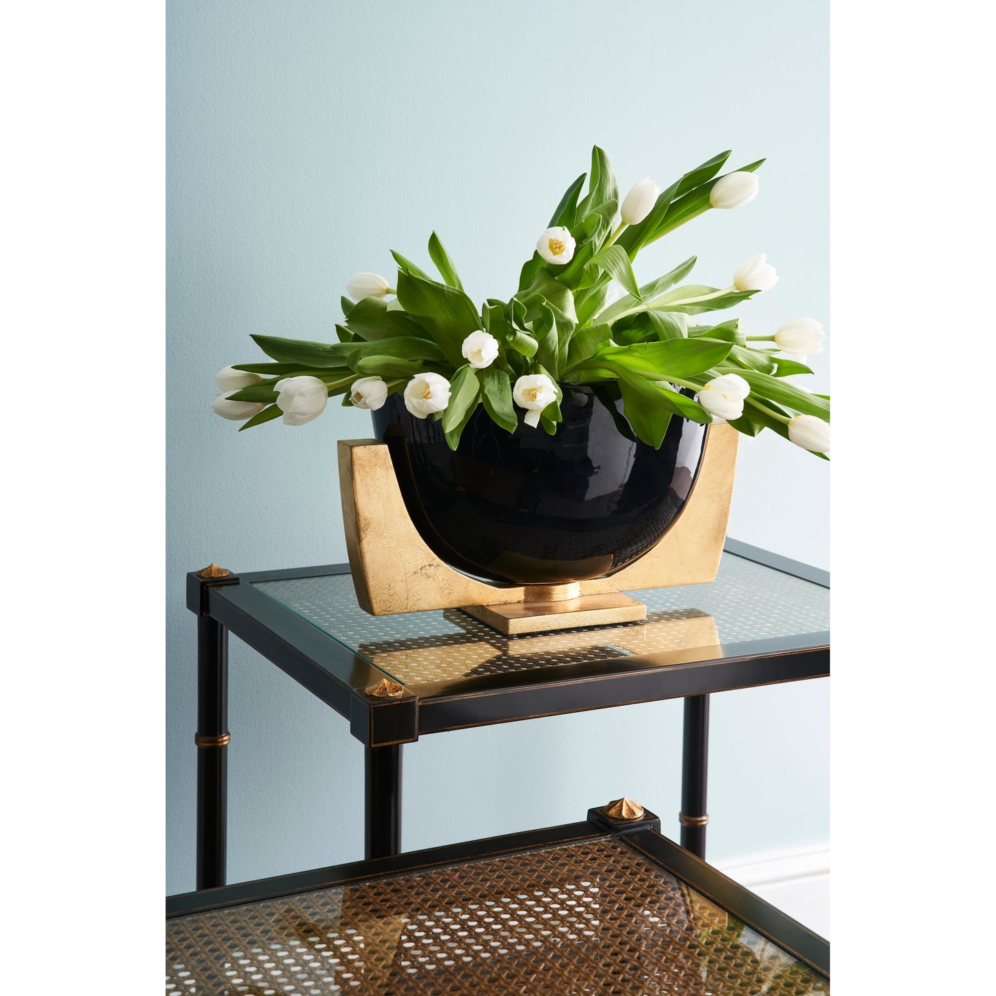 004 SR-382368 | Lifestyle | Conners Caned End Table by Chelsea House in black, gold. Made from poplar caned panels, glass shelves in a transitional style.