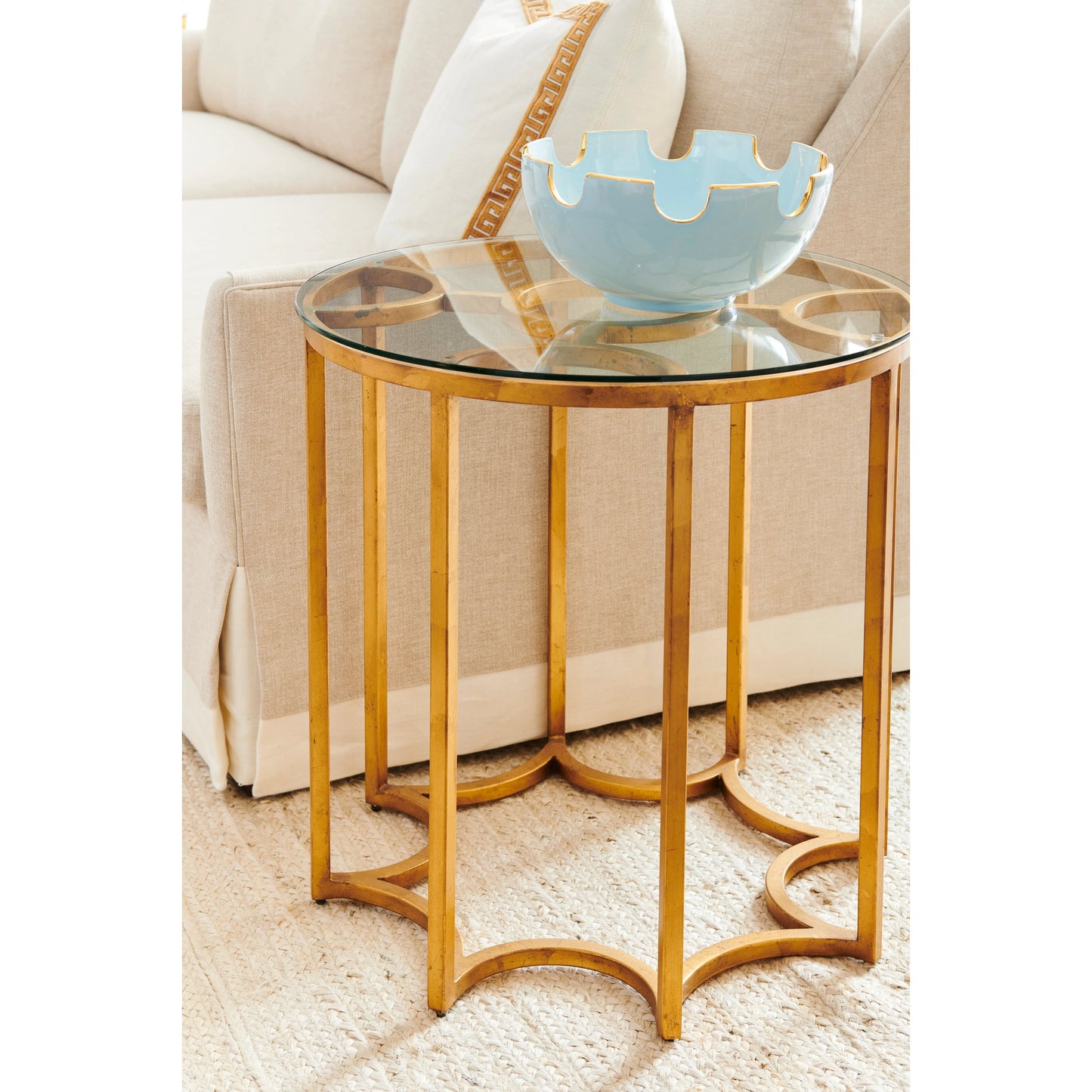 003 SR-383154 | Lifestyle | Lisette Side Table by Chelsea House in antique gold. Made from antique gold metal base, glass top in a transitional style.