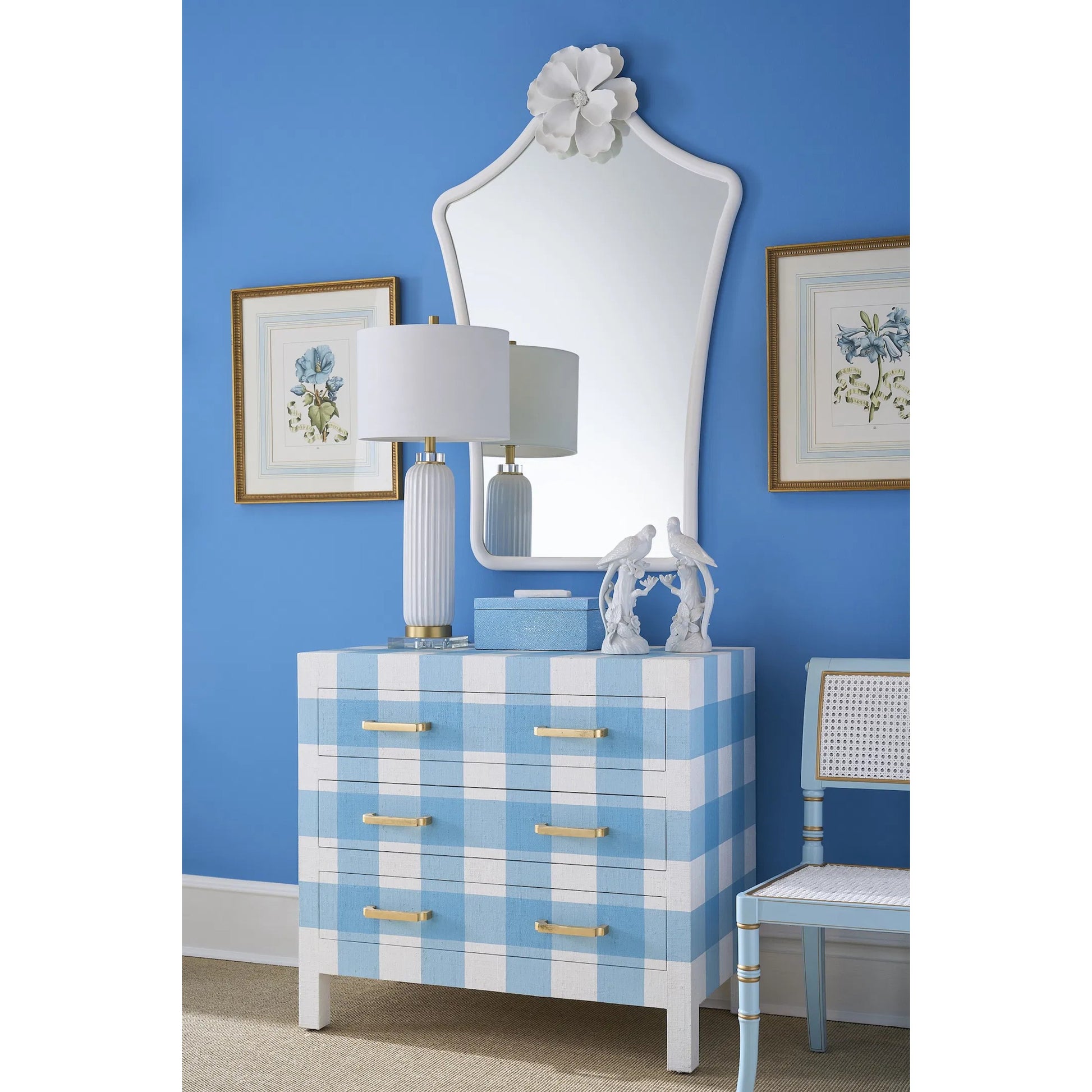 Bl Floral W/Ribbon-A by Chelsea House in gold frame, french mat. Made from hand colored engraving, italy in a traditional style.