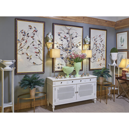 Aviary II by Chelsea House in antique gold and brown frame. Made from water color on silk in a transitional style.