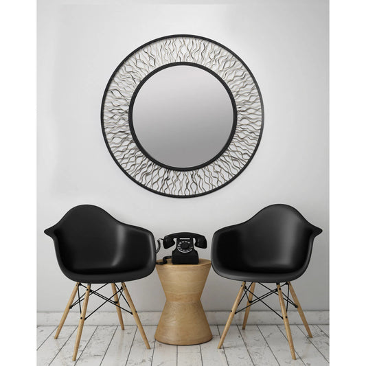 Estela Round Wall Mirror by Varaluz in matte black/french gold. Made from unique in a modern style.