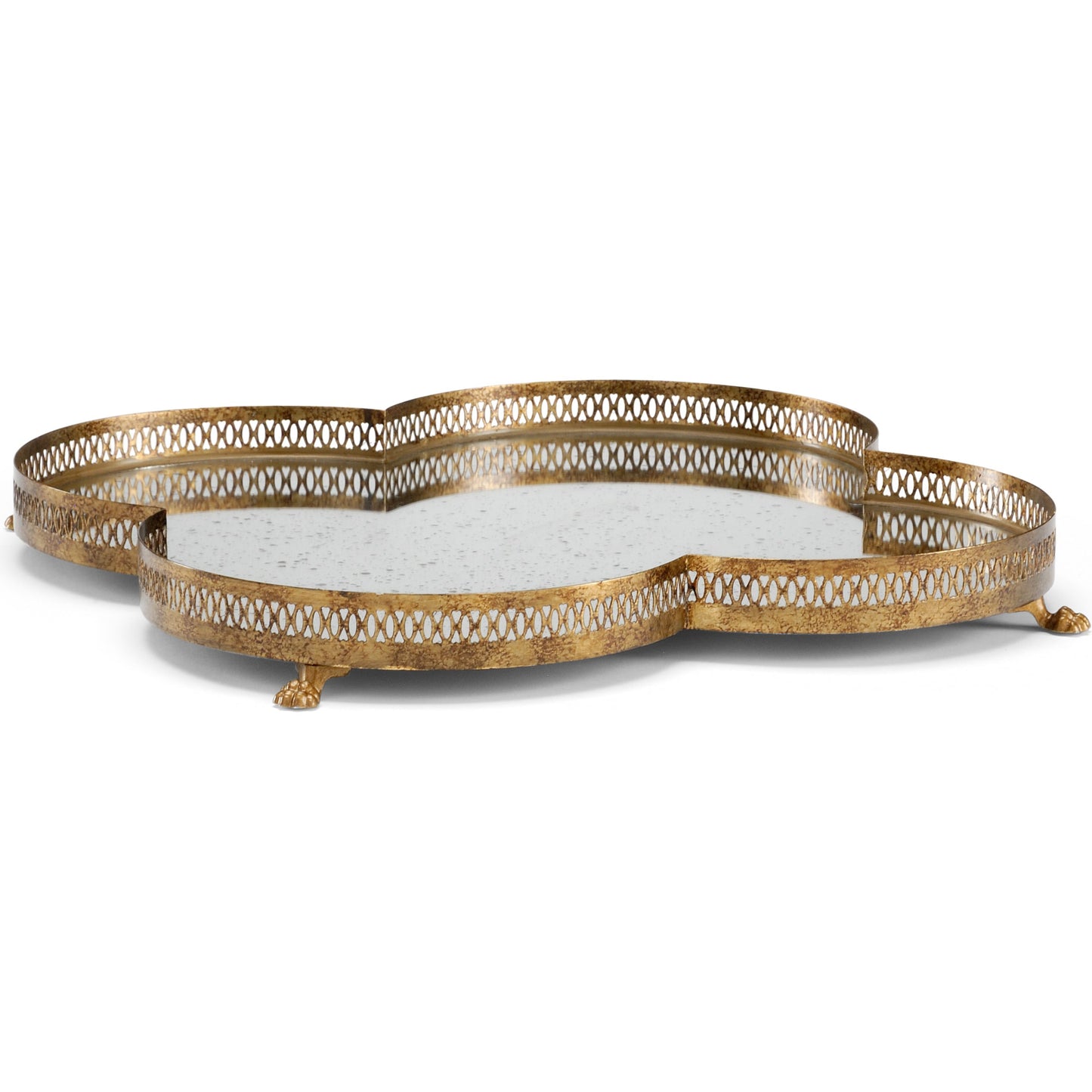 001 SR-384115 | Primary Silo | Tracery Mirrored Tray by Chelsea House in old gold accents, antique. Made from tole iton gallery in a traditional style.