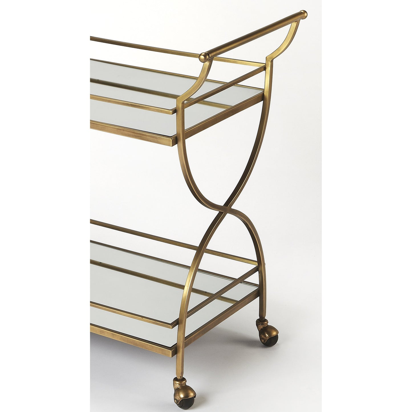 003 S-242510 | Closeup | Graci Bar Cart by Butler Specialty Company in gold and antique gold. Made from stainless steel, aluminum, mdf, mirrored glass in a modern style.
