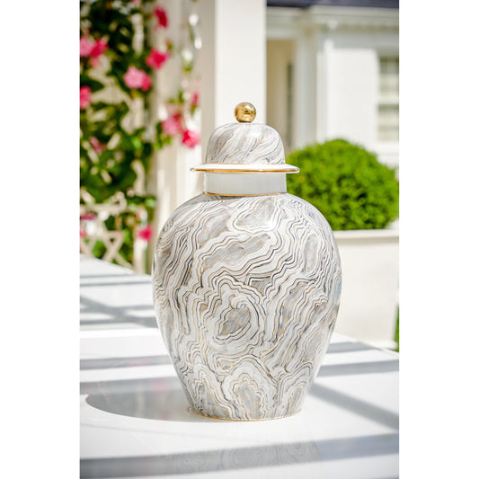 Marbelized Covered Urn by Chelsea House in gray, white, gold, hand painted. Made from hand decorated - gold details in a eclectic & global style.