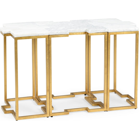 Trio Tables by Chelsea House in antique gold leaf, white. Made from iron in a transitional style.
