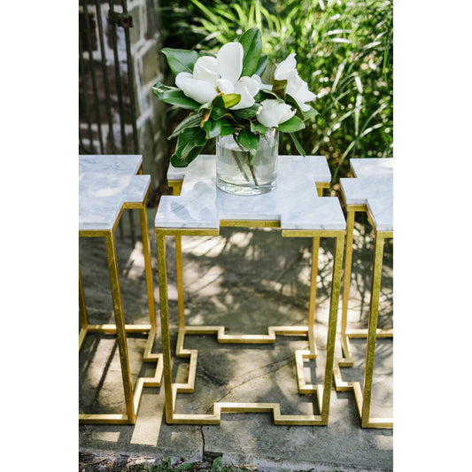 Trio Tables by Chelsea House in antique gold leaf, white. Made from iron in a transitional style.