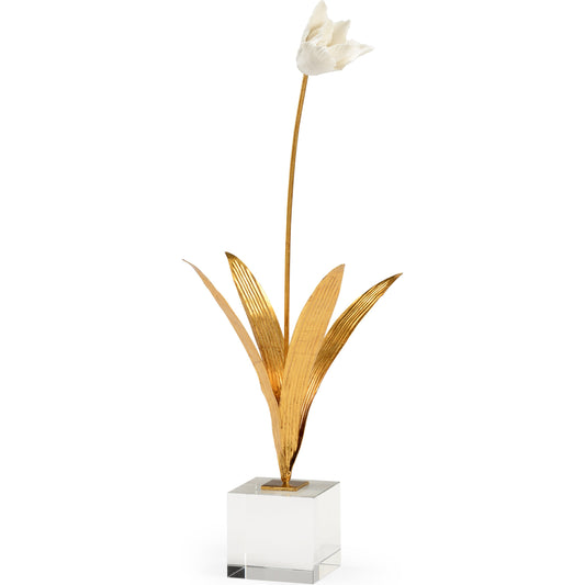 Tulip in Stand by Chelsea House in antique gold leaf, white glaze, clear. Made from unique in a transitional style.