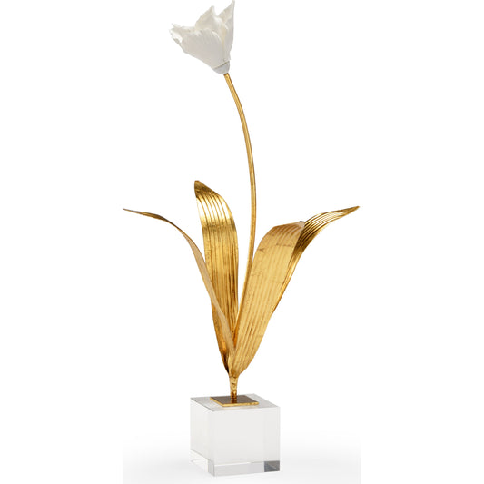 Tulip in Stand by Chelsea House in antique gold leaf, white glaze, clear. Made from unique in a transitional style.