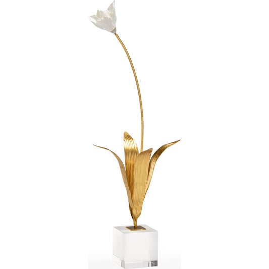 Tulip in Stand by Chelsea House in antique gold leaf, white glaze, clear. Made from unique in a transitional style.