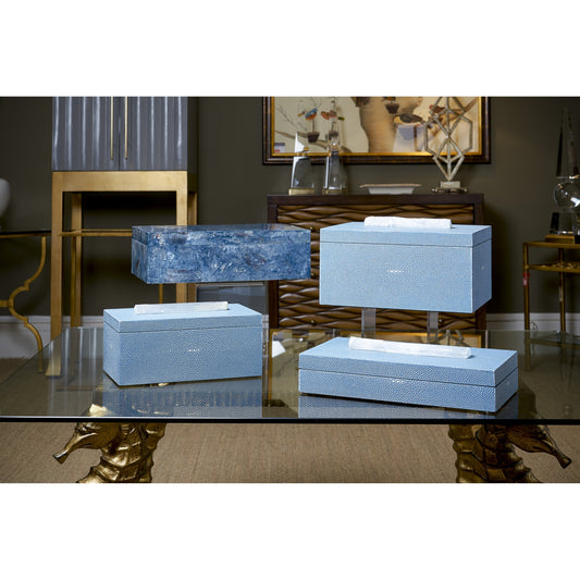 Durham Box by Chelsea House in blue shagreen, natural rock crystal. Made from wood, crystal in a coastal style.