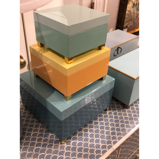 Square Box by Chelsea House in aqua, blue-gray, antique brass. Made from wood in a transitional style.