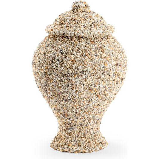 Shell Covered Urn by Chelsea House in natural nassa. Made from shells in a coastal style.