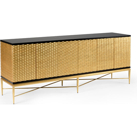 Gold James Sideboard by Chelsea House in antique gold leaf, black. Made from wood in a transitional style.