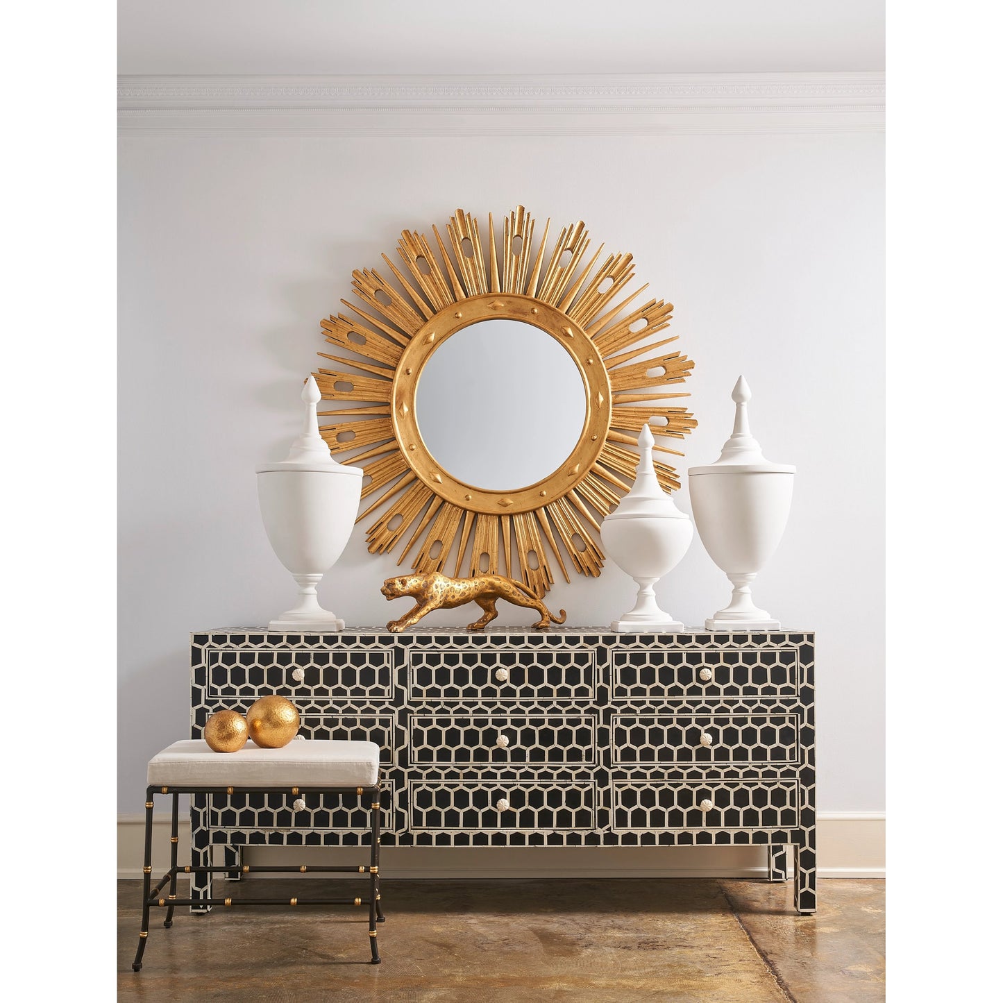 003 SR-782600 | Lifestyle | Saigon Bench by Chelsea House in espresso, gold, cream. Made from metal, fabric in a eclectic & global style.