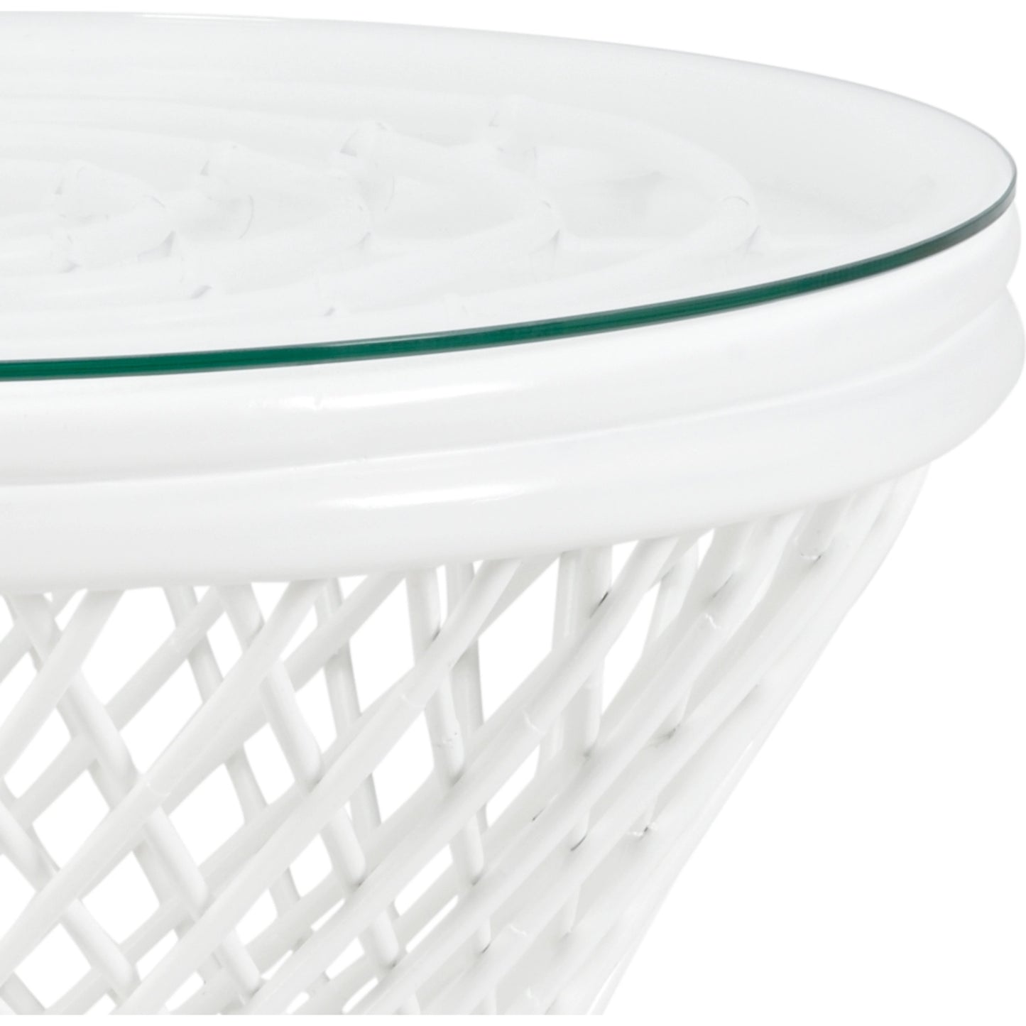 002 SR-782584 | Closeup | Rattan Side Table by Chelsea House in matte white, clear, plain. Made from rattan, glass in a coastal style.