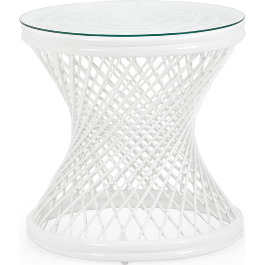 Rattan Side Table by Chelsea House in matte white, clear, plain. Made from rattan, glass in a coastal style.