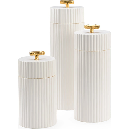 001 SI-2105225 | Primary Silo | White Bamboo Canisters by Chelsea House in white glaze, metallic gold. Made from ceramic in a modern style.