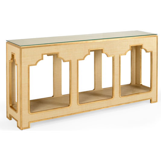 Yangan Console by Chelsea House in cream, gold leaf, clear. Made from raffia, wood, glass in a transitional style.
